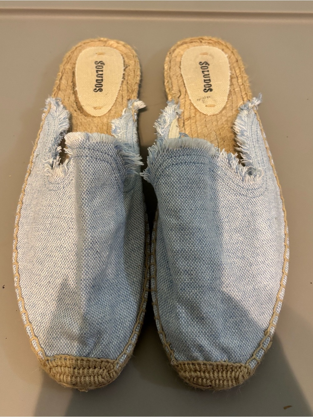 Soludos Light Blue Frayed Denim Espadrille Slides